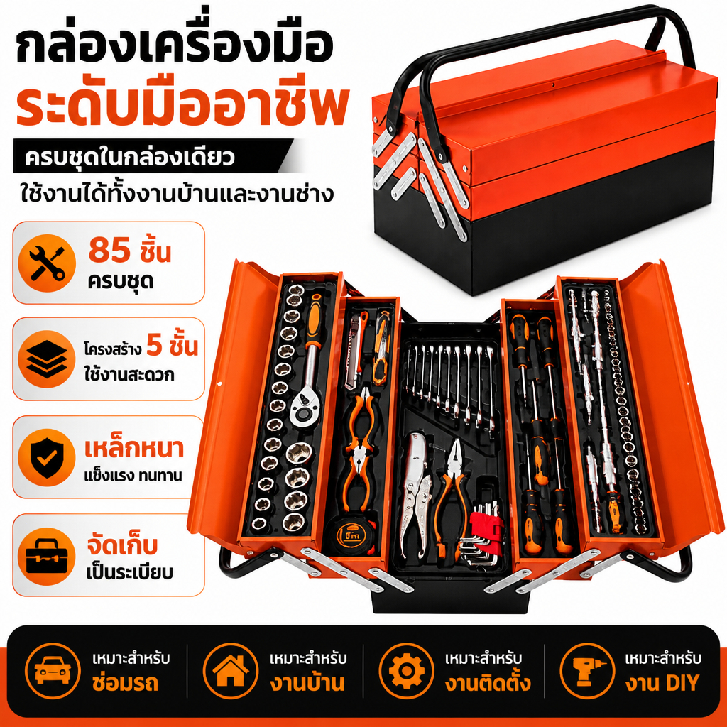 [85PCS] ชุดเครื่องมือช่าง กล่องเหล็ก 5 ชั้น ชุดบล็อกประแจ CR-V ด้ามฟรี 72 ฟัน พร้อมอุปกรณ์ครบชุด ซ่อมรถยนต์ งานบ้าน DIY