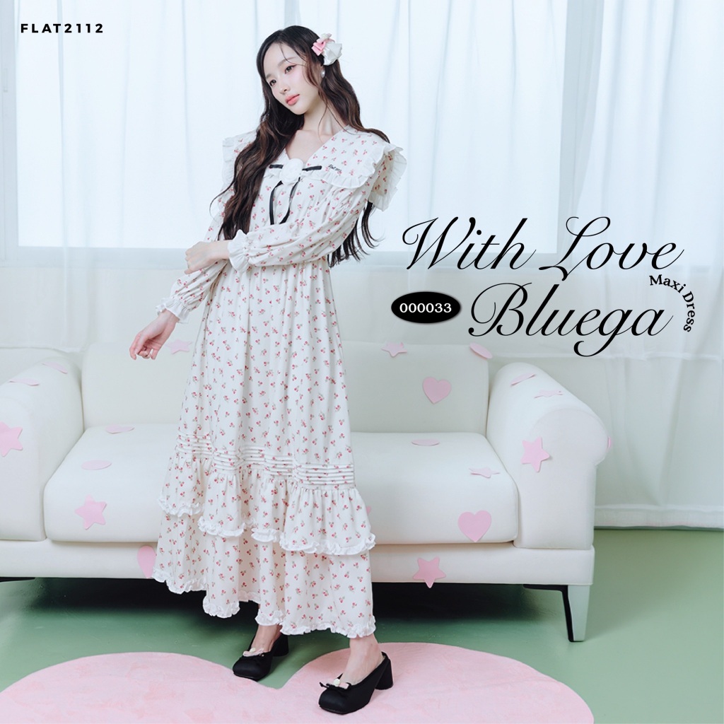 FLAT2112 : WITH LOVE BLUEGA MAXI DRESS เดรสยาว, แม็กซี่เดรส, เดรสยาวลายดอกไม้, เดรสแขนยาว, เดรสคอปก (000033)