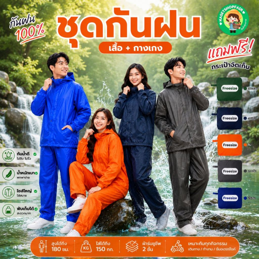ชุดกันฝน เสื้อ+กางเกง สีล้วน เนื้อหนาทนทาน มีกระเป๋าจัดเก็บ สินค้าพร้อมจัดส่ง