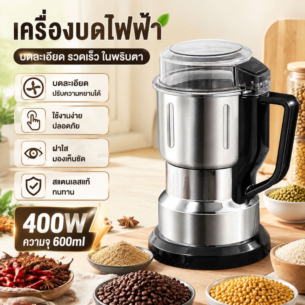 เครื่องบดกาแฟ เครื่องบดเครื่องเทศ 400W 600ml ปรับระดับความละเอียดได้ 1 ปุ่ม ปลอดภัย ฝาช transparent