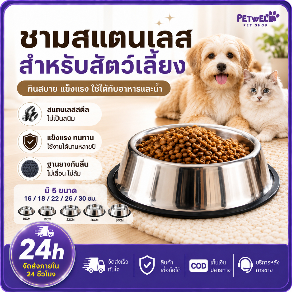 PETWELL ชามอาหารสแตนเลส ชามอาหารสัตว์เลี้ยง สำหรับสุนัขและแมว ฐานมั่นคง กันลื่น ใช้งานสะดวก