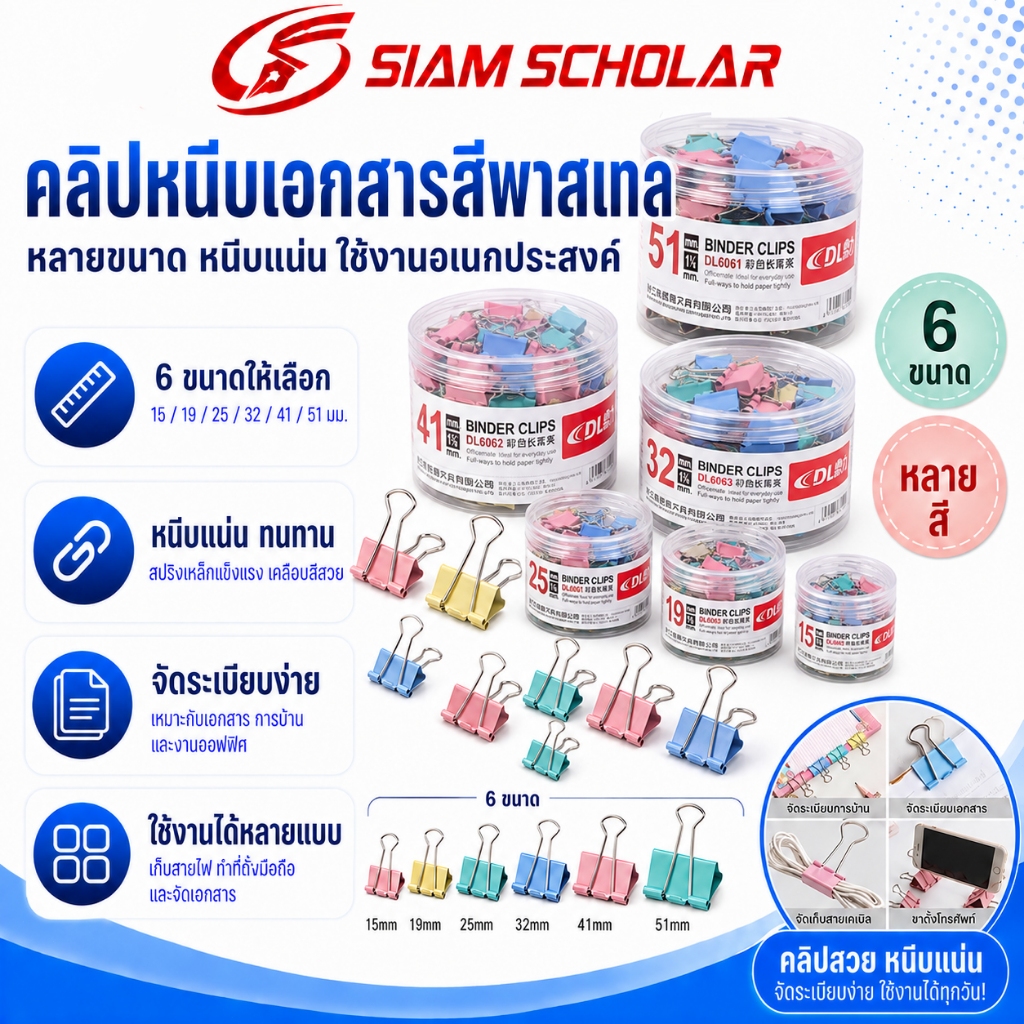 คลิปหนีบกระดาษ ขนาด 15-51 มม. คลิปสี ตัวหนีบกระดาษ ที่หนีบกระดาษ
