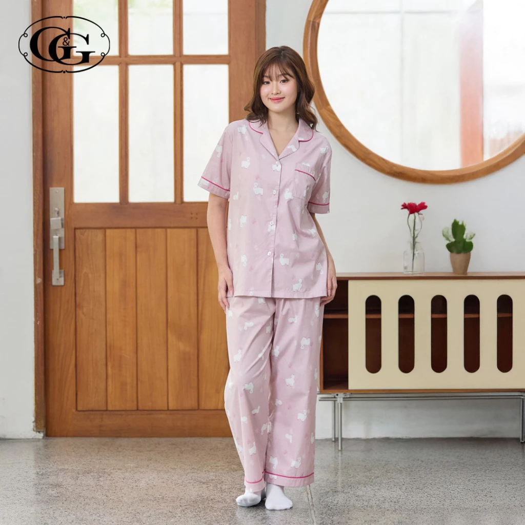 G&G ชุดนอน เสื้อแขนสั้นคอปก กางเกงขายาว ผ้าคอตตอน Alpaca Collection EN4C019