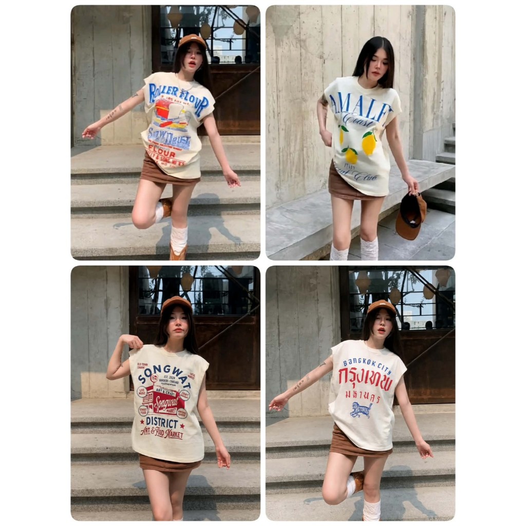 เสื้อยืดโอเว่อร์ไซต์ ลายวินเทจ ใส่ได้ ชาย หญิง ผ้าคอตตอล