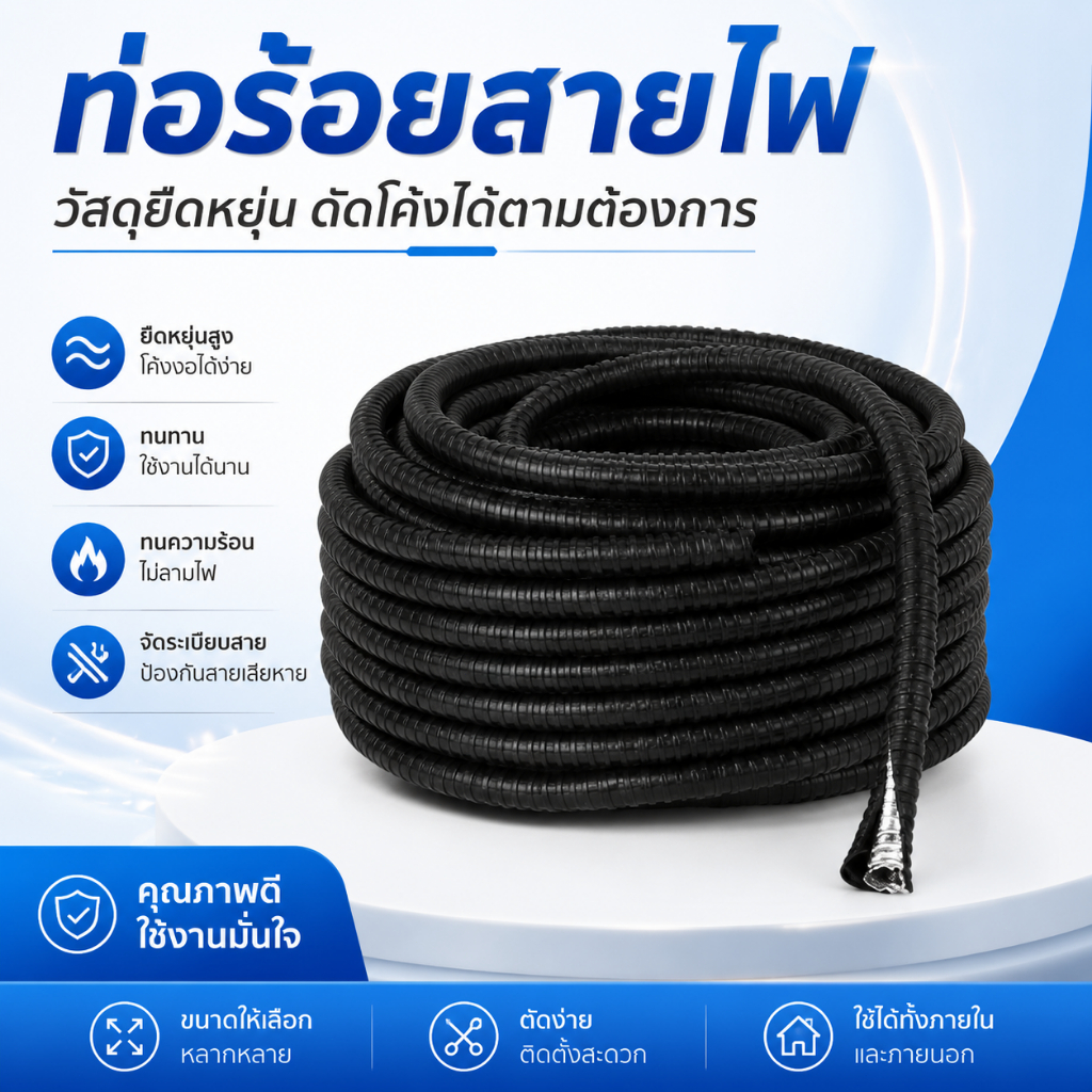 UNION ท่ออ่อนเหล็ก กันน้ำ ยางเทา 1/2นิ้ว ยาว60เมตร 3/4นิ้ว ยาว60เมตร 1นิ้ว ยาว60เมตร ท่อร้อยสายไฟ