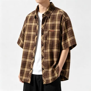 AceMenเสื้อเชิ้ตแขนสั้นลําลอง เสื้อเชิ้ตผู้ชาย ลายสก๊อต ทรงหลวม แฟชั่นฤดูร้อน พร้อมส่ง