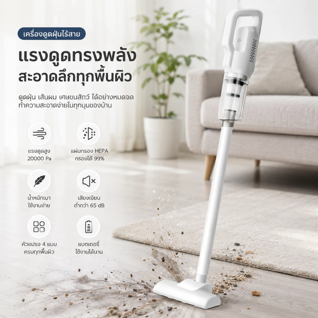 [Upgrade!] KENTO LITE เครื่องดูดฝุ่นไร้สาย แบบมือถือ แรงดูดสูง 30000Pa กำลังไฟ 800W เสียงรบกวนต่ำ