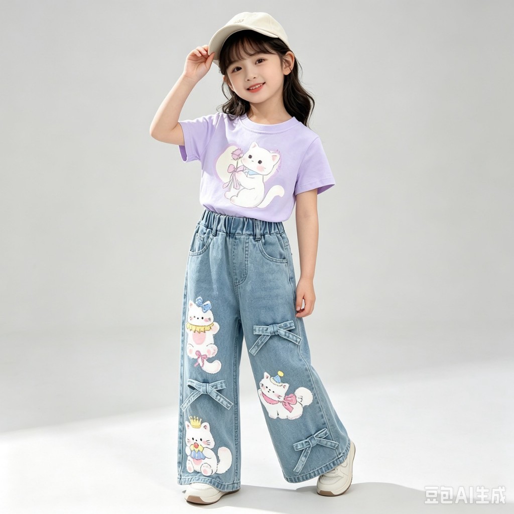 BB366 เช็ตคู่เสื้อยืด + กางเกงยีนส์เด็กผู้หญิง กางเกงขายาวลายการ์ตูนหมีกระต่าย น่ารัก ใส่คู่เสื้อยืด รูปที่ 3