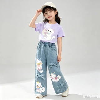 BB366 เช็ตคู่เสื้อยืด + กางเกงยีนส์เด็กผู้หญิง กางเกงขายาวลายการ์ตูนหมีกระต่าย น่ารัก ใส่คู่เสื้อยืด