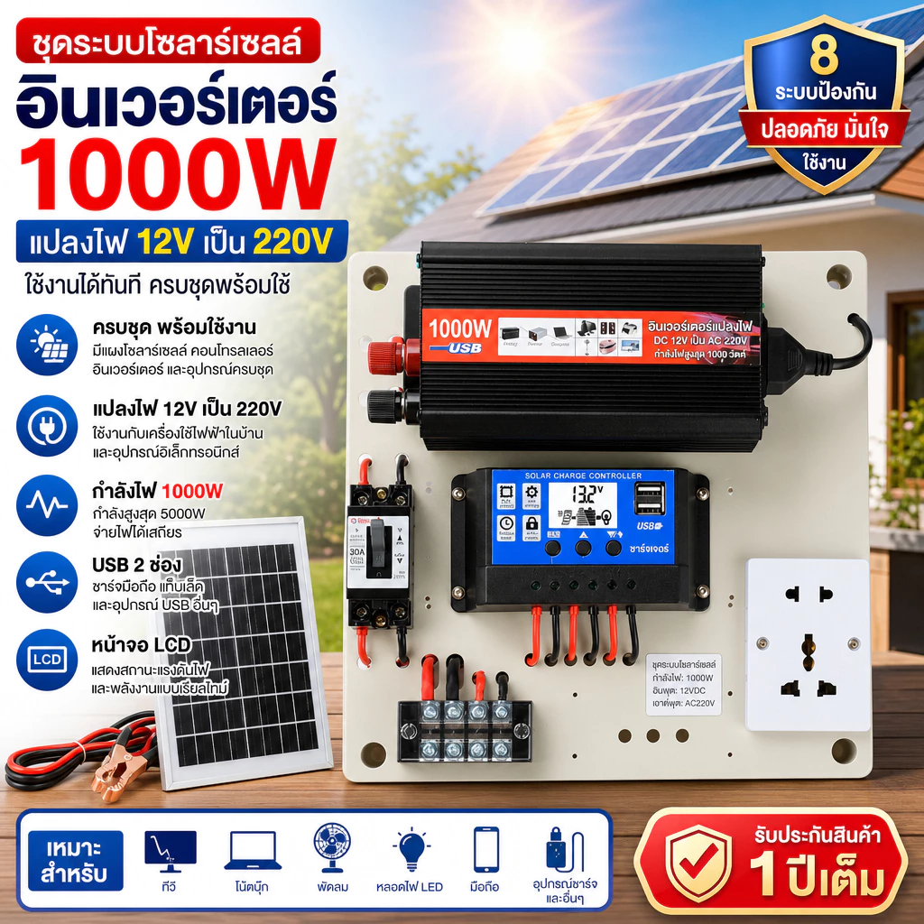 ชุดนอนนา 1000W ชุดคอนโทรลเลอร์ชาร์จเจอร์ โซล่าเซลล์ พลังงานจากแสงอาทิตย์12V/220V🔥ไม่มีแบตเตอรี่⚠️
