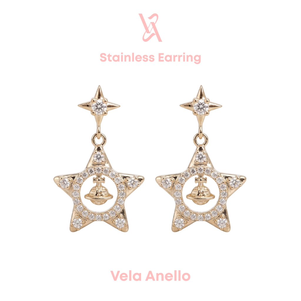 Vela Saturn’s Reign stainless ต่างหูสแตนเลส ต่างหูเพชร ต่างหูระย้า
