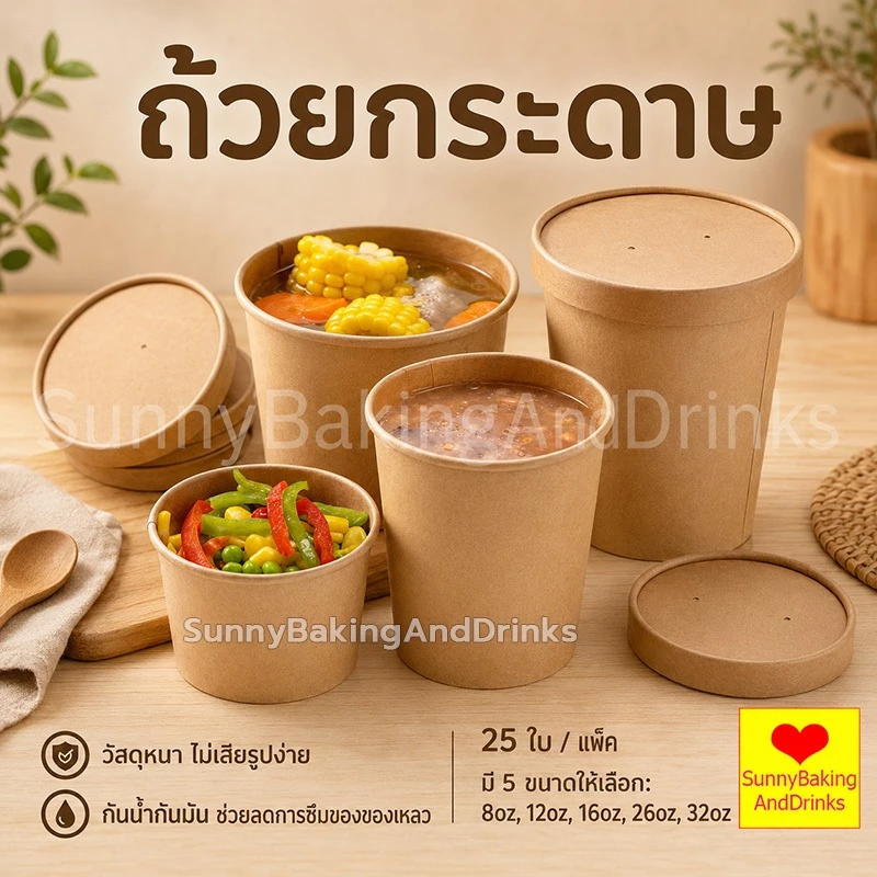 ☀️โค้ดส่งฟรี ☀️ ถ้วยกระดาษ พร้อมฝา 25ใบ/แพค 5ขนาด(8/12/16/26/32oz) กันน้ำมัน กันน้ำ ถ้วยกระดาษคราฟท์