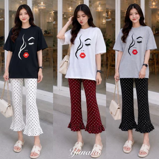 เซทเสื้อยืดคอกลมแขนสั้น ทรง Oversize งานสกรีนกลางอก มาพร้อมกางเกงขายาว6ส่วน ทรงขาม้าเข้ารูป