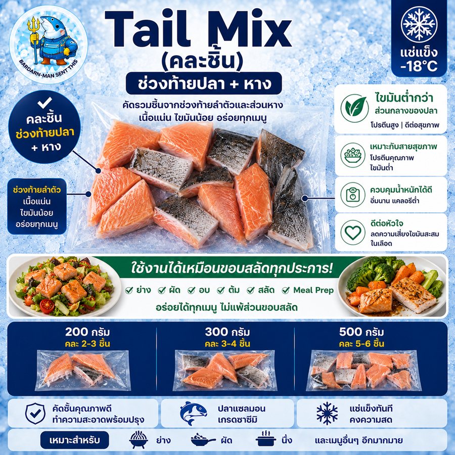 ปลาแซลมอนเกรดซาซิมิขอบบนทำสลัด ยำ ข้าวผัด | Tail Mix คละชิ้น | Salmon วังบาดาล 100/200/500g