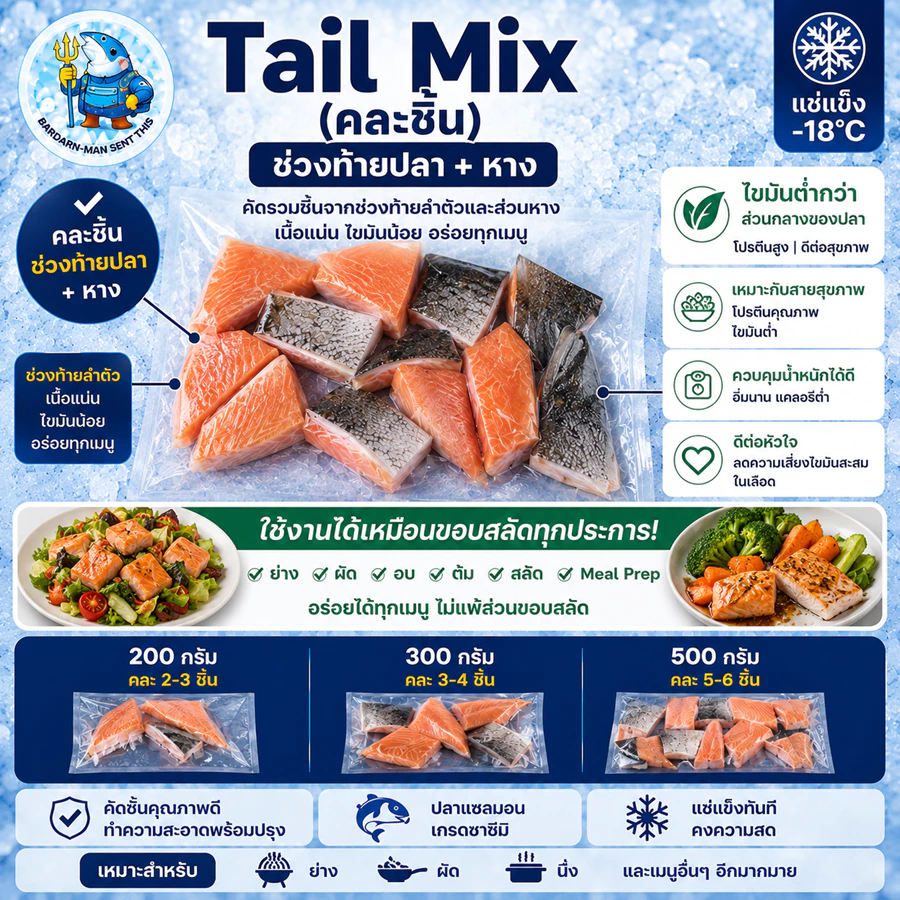 ปลาแซลมอนเกรดซาซิมิขอบบนทำสลัด ยำ ข้าวผัด | Tail Mix คละชิ้น | Salmon วังบาดาล 100/200/500g