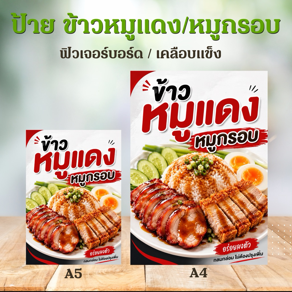 (ป้ายด่วน) ป้าย ข้าวหมูแดง หมูกรอบ ขนาด A5/A4  ป้ายฟิวเจอร์บอร์ดไดคัท / เคลือบแข็ง สะดวกสำหรับตั้งหน้าร้าน