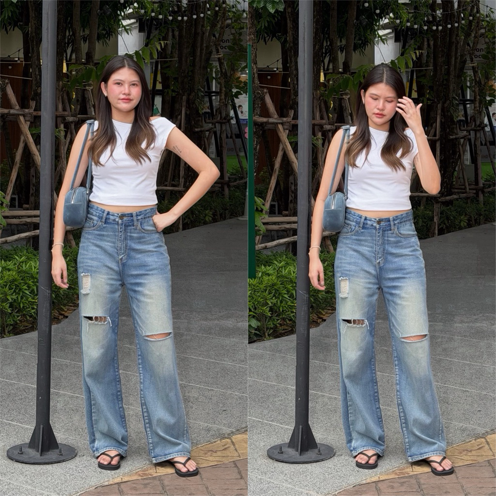 ยีนส์ Sheer | B02 Mila Jeans กางเกงยีนส์ทรงกระบอกใหญ่ แต่งขาด