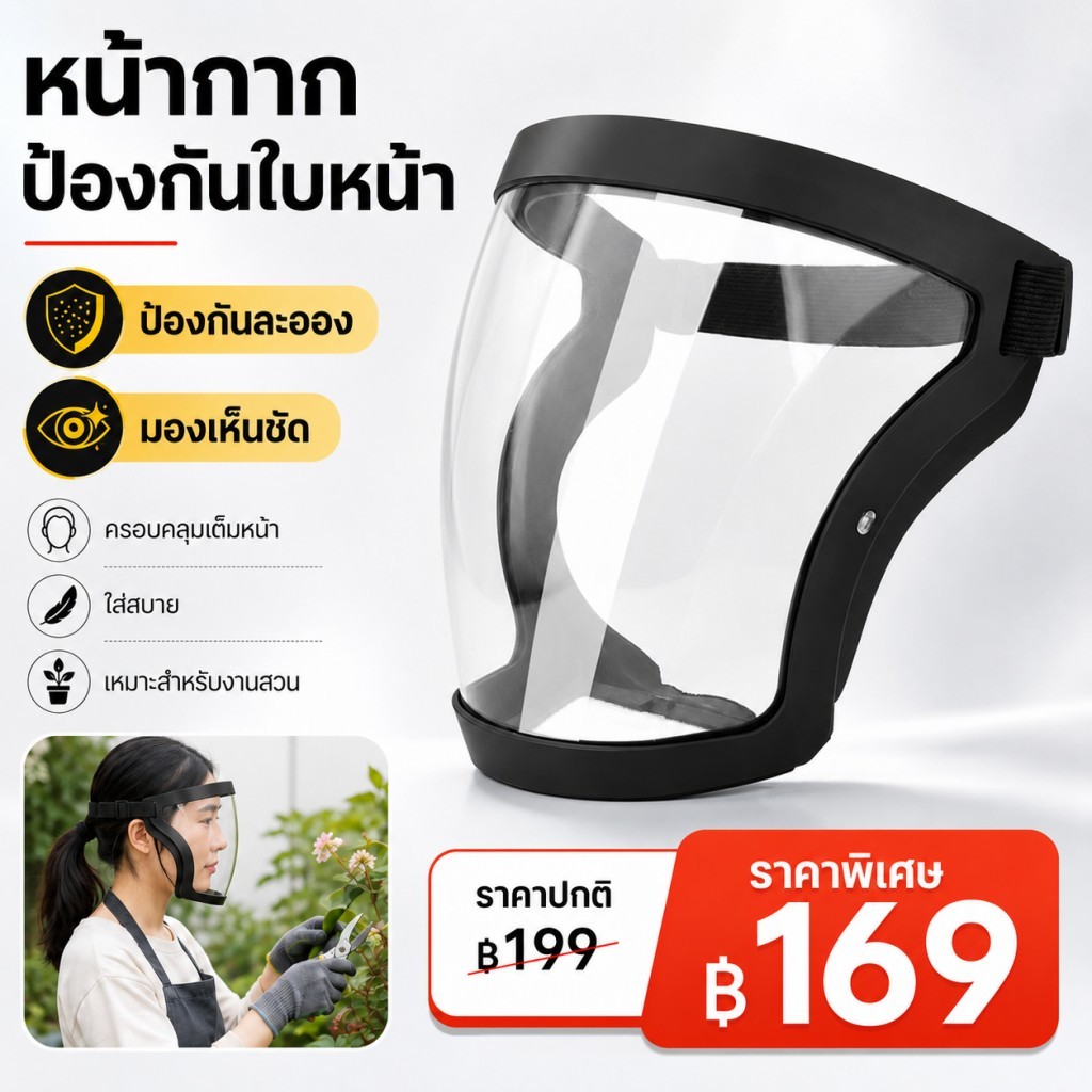 หน้ากากป้องกันละออง หน้ากากใสแบบเต็มหน้า กรอบดำ ใส่สบาย มองเห็นชัด เหมาะสำหรับงานพ่นยาและใช้งานทั่วไป