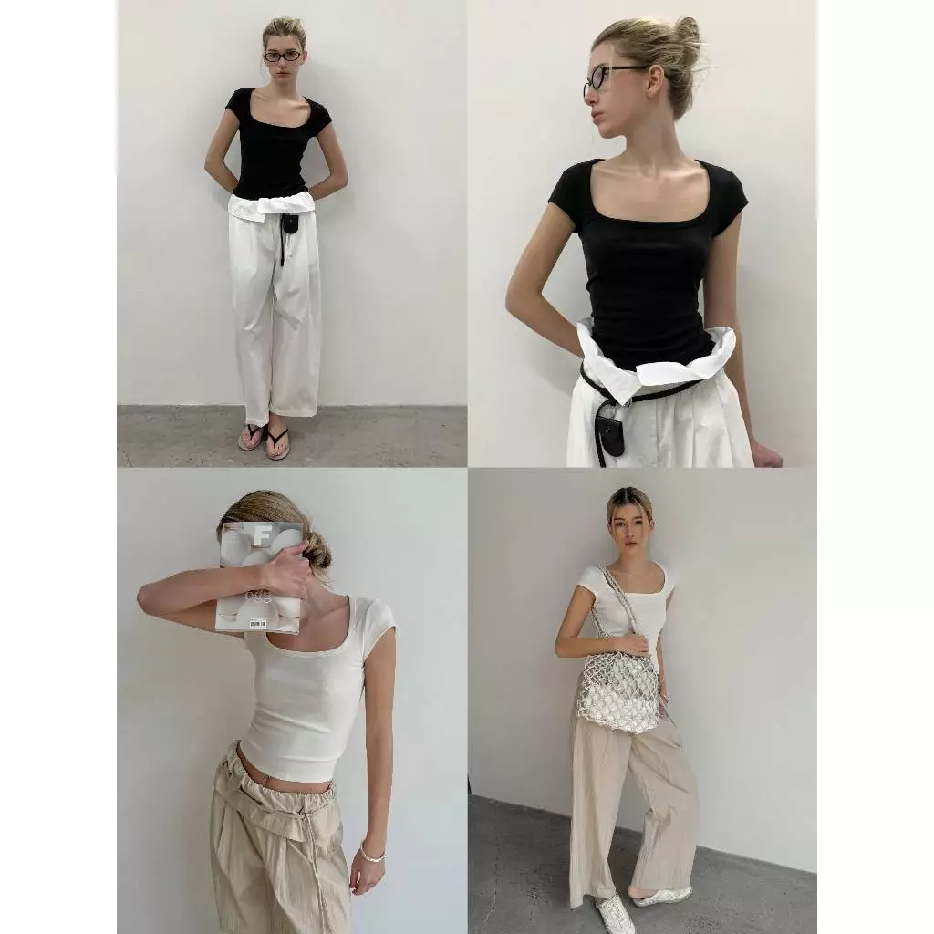 INBYIN - เสื้อยืดคอกว้างแขนปีนทรงครอป SCOOP NECK TEE - D7995