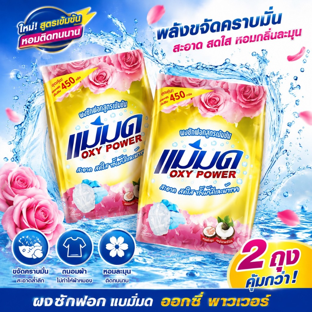 ผงซักฟอกแม่มด OXY POWER 450g ขจัดคราบฝังลึก ซักสะอาด กลิ่นหอมสดชื่น พร้อมส่งจากไทย