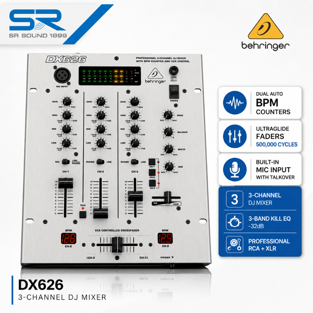 BEHRINGER DX626 มิกเซอร์ดีเจ 3 แชนแนล Dual BPM Counter VCA Crossfader 3-Band Kill EQ พร้อมช่องไมค์ X