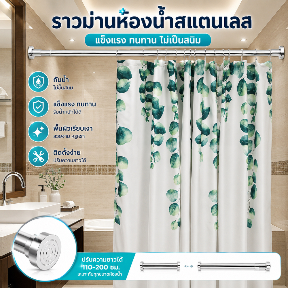 ราวม่านห้องน้ำสแตนเลส ไม่ต้องเจาะผนัง ราวม่านปรับความยาวได้ ยืดหดได้ แข็งแรง ทนทาน ใช้ได้หลายพื้นที่