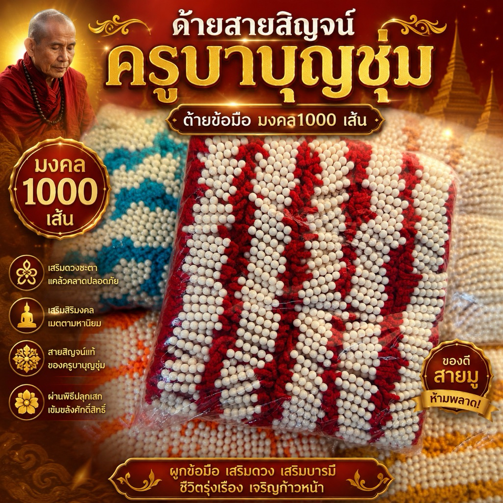 1000 เส้นด้ายสายสิญจน์ครูบาบุญชุ่ม ด้ายมงคล1000 เส้น ราคาส่ง