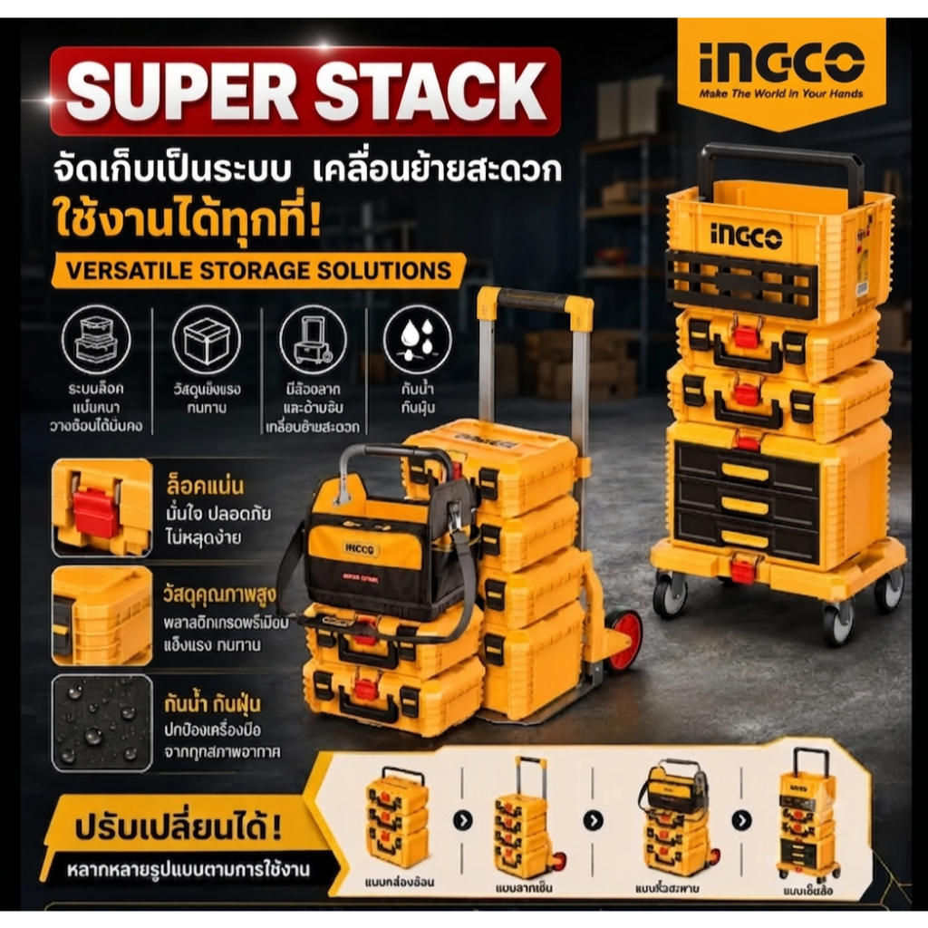 INGCO ชุดกล่องเก็บเครื่องมือแบบซ้อนได้ 16นิ้ว/19นิ้ว/19นิ้ว ทรงลึกฐานวางกล่อง รุ่น PBXS101| PBXS102|PBXS103 |HHWB61001|