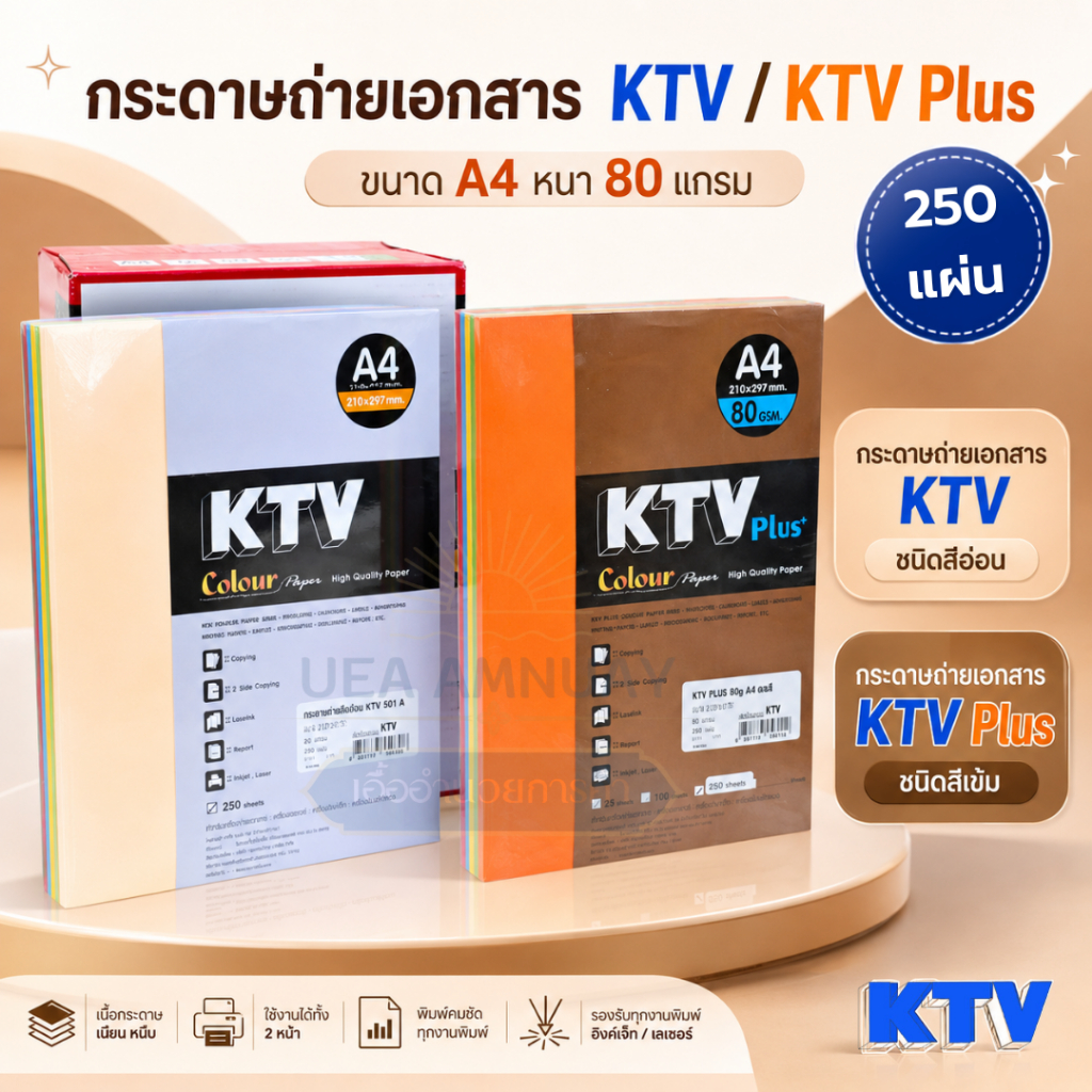 KTV / KTV Plus กระดาษถ่ายเอกสารสี A4 80 แกรม 250 แผ่น คละสี (1แพ็ค) กระดาษสีงานพิมพ์ กระดาษสีถ่ายเอก