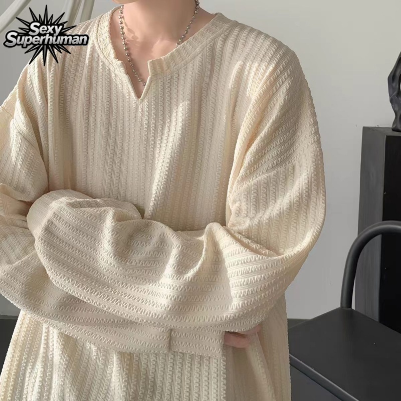 ลายวาฟเฟิลเกาหลี! เสื้อยืดแขนยาวคอวี คุณภาพพรีเมียม Unisex ใส่แล้วดูแพง เนื้อนุ่มสบาย