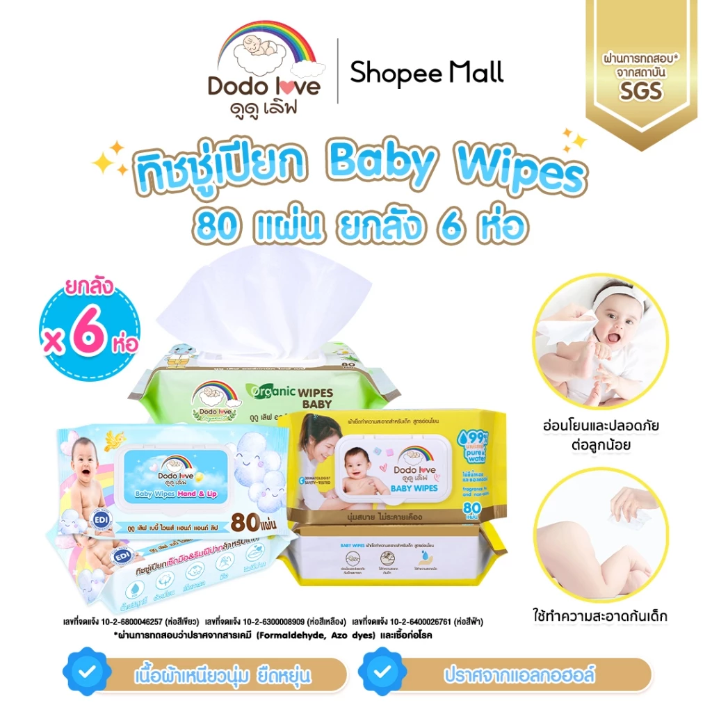 [ยกลัง6] DODOLOVE ทิชชู่เปียก Baby Wipes ผ้าเช็ดทำความสะอาดสำหรับเด็ก ออร์แกนิค ทิชชู่ ทิชชูสำหรับเด็ก
