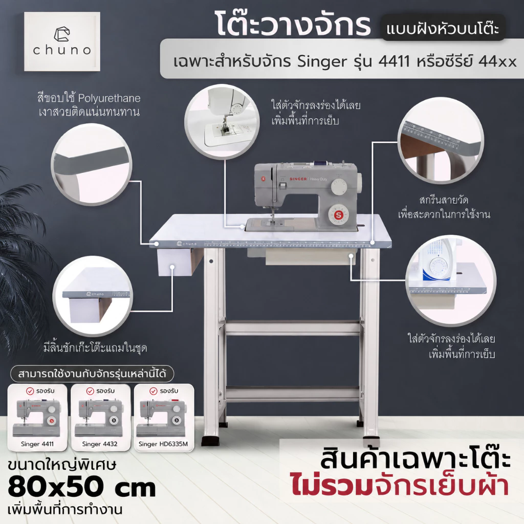 Chuno โต๊ะจักรเย็บผ้า Singer 4411, 4432, HD6335M โต๊ะวางจักร โต๊ะขยายพื้นที่เย็บหรือซีรีย์ 44xx แบบฝังหัว ขอบเทา