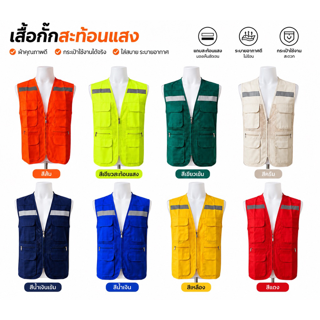 เสื้อกั๊กสะท้อนแสง 6 กระเป๋า มีแถบสะท้อนแสง เนื้อผ้าสวมใส่สบายไม่ร้อน ใส่ได้ทั้งผู้ชายและผู้หญิง