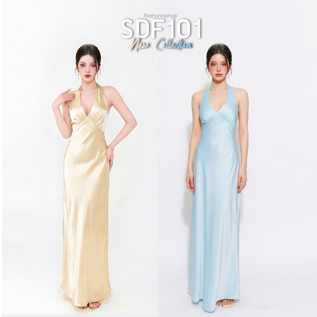 SDF101 : ชุดเดรสยาว คล้องคอ ผ้าซาติน ผูกหลัง ชุดออกงาน ชุดเพื่อนเจ้าสาว
