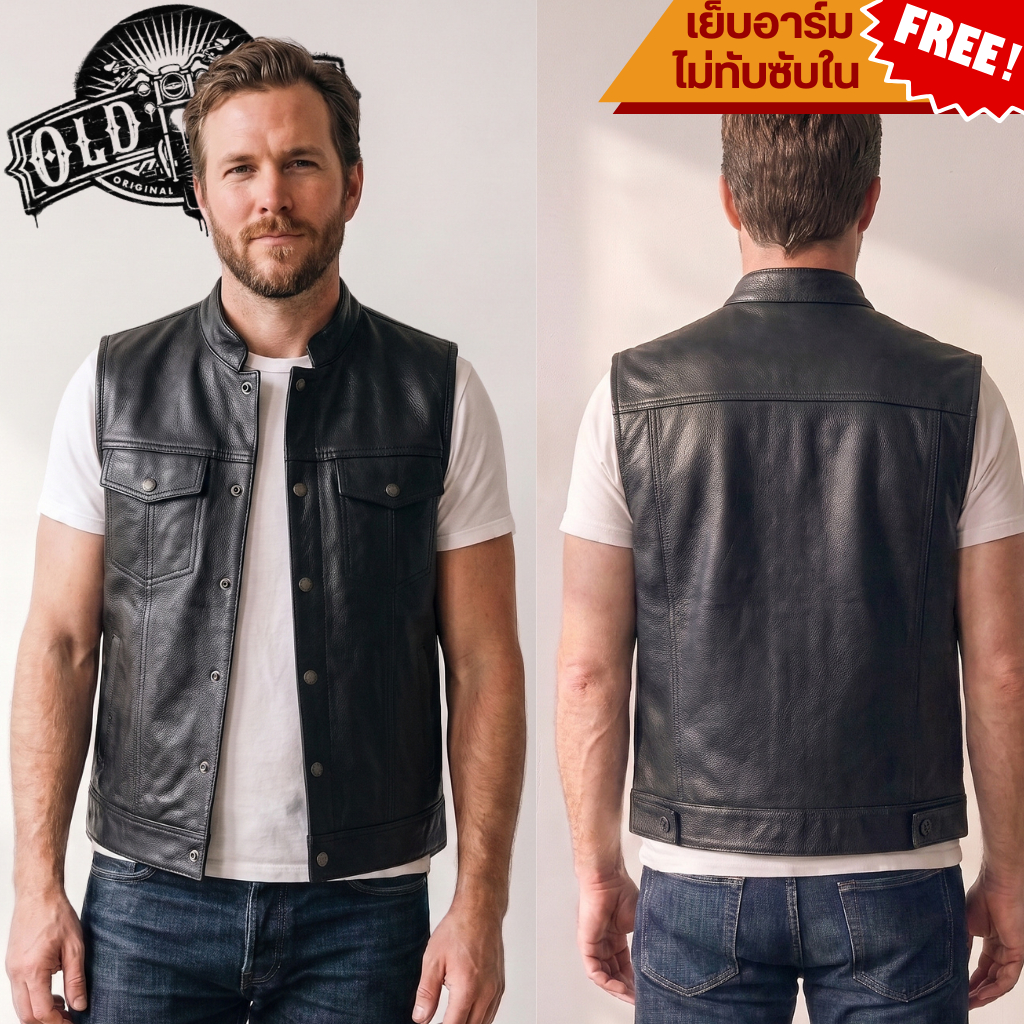 เเสื้อกั๊กขับมอเตอร์ไซค์ หนังวัวแท้ รุ่น Oldman Vest102 แบรนด์ Oldman แท้100%