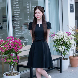D259 เดรสคอวีแต่งโบว์ กระเป๋าล้วง มีไซส์S-3XL ใส่ทำงาน ออกงาน ไปงานแต่ง เพิ่มความมั่นใจได้เลย
