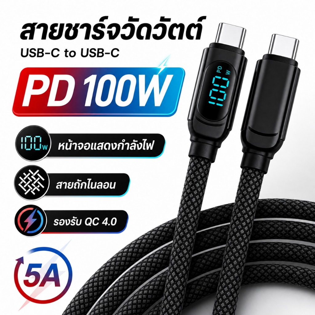 สายชาร์จมีจอดิจิตอล Type-C to Type-C โชว์วัตต์สำหรับ ไอPad Pro, Air4 Air5 Mini6 ไอ15 15 pro 15pro max Samsung