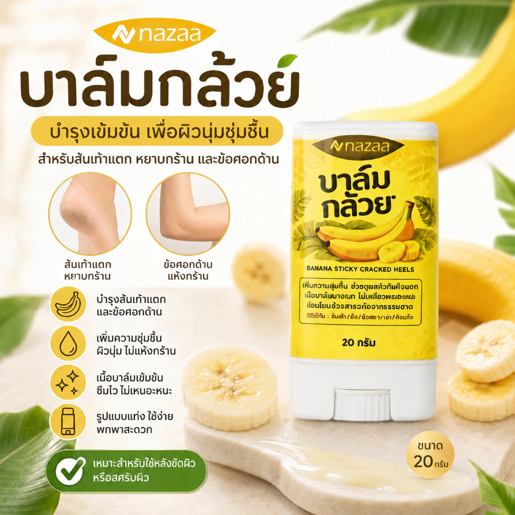 NAZAA บาล์มกล้วย ครีมทาส้นเท้าแตกของแท้ 20 กรัม ครีมทาเท้าแตก ครีมบำรุงเท้า ข้อศอก ผิวแห้งกร้าน Banana Balm