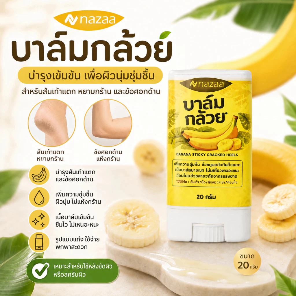 NAZAA บาล์มกล้วย ครีมทาส้นเท้าแตกของแท้ 20 กรัม ครีมทาเท้าแตก ครีมบำรุงเท้า ข้อศอก ผิวแห้งกร้าน Banana Balm