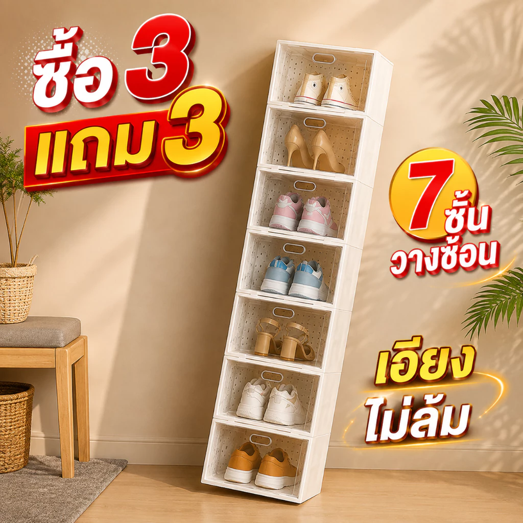 3 แถม 3 ฟรี! ตู้รองเท้า กล่องรองเท้า ฝาหน้าเปิด พับเก็บได้ ซ้อนได้ กันน้ำ กันฝุ่น กล่องใส่รองเท้า COD