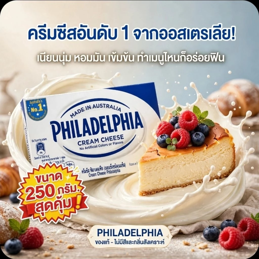 ❄️Philadeldhia ฟิลาเดลเฟีย ครีมชีส ขนาด 250 กรัม.《แพคสูญญากาศ》❄️
