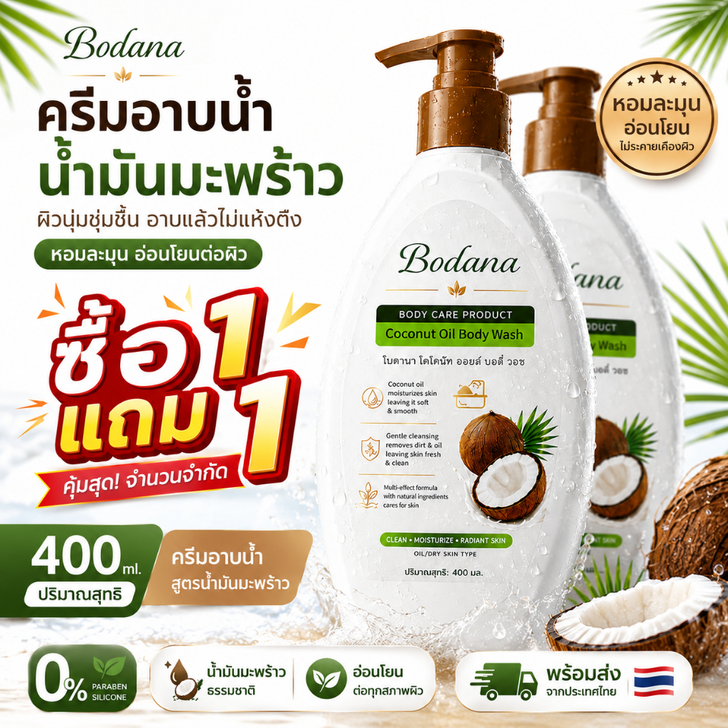 Bodana ครีมอาบน้ำมะพร้าว น้ำมันมะพร้าว 400ml บำรุงผิว ชุ่มชื้น ผิวนุ่ม ลดผิวแห้ง กลิ่นหอมละมุน