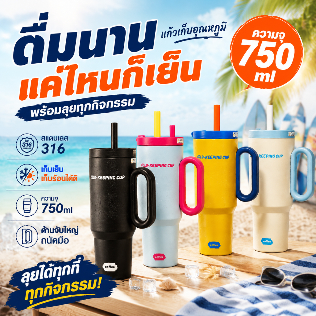 แก้วเก็บอุณหภูมิ 750ml พร้อมหลอด สแตนเลส 316 คุณภาพสูง