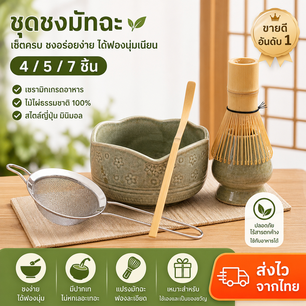[พร้อมส่ง] ชุดชงมัทฉะญี่ปุ่น 4/5/7 ชิ้น ชามเซรามิก ที่วางแปรง แปรงชงชา กระชอนสแตนเลส อุปกรณ์ชงชาคุณภาพสูง Complete Match