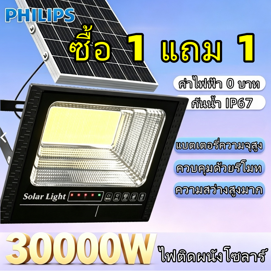 ซื้อ 1 แถม 1 โคมไฟสปอตไลท์โซลาร์ กันน้ำทนฝน 30000W คงทนต่อสภาพอากาศ ไม่ต้องเสียบปลั๊ก ให้แสงสว่างเพียงพอ สำหรับสวนผัก
