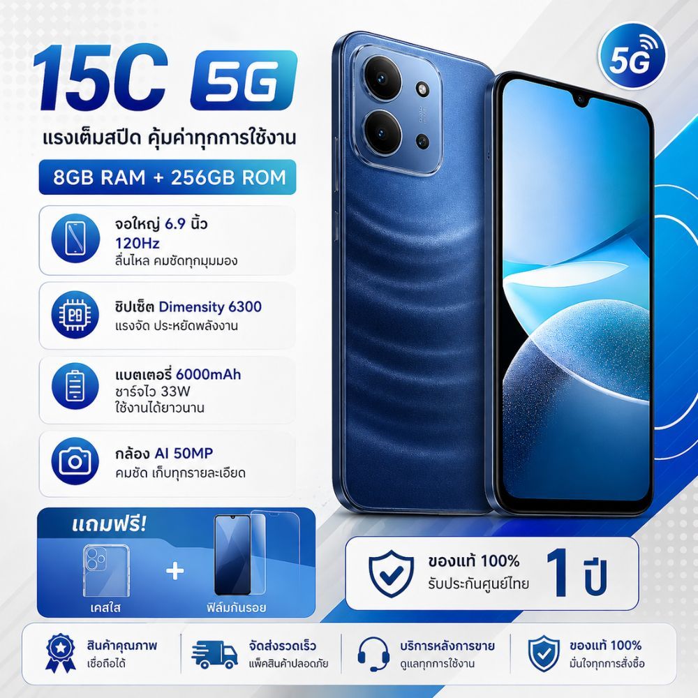 Redmi 15C 5G (8GB+256GB) สมาร์ทโฟน 5G จอใหญ่ 6.9" 120Hz แบตเตอรี่ 6000mAh กล้อง AI 50MP ของแท้ รับประกันศูนย์ 1 ปี
