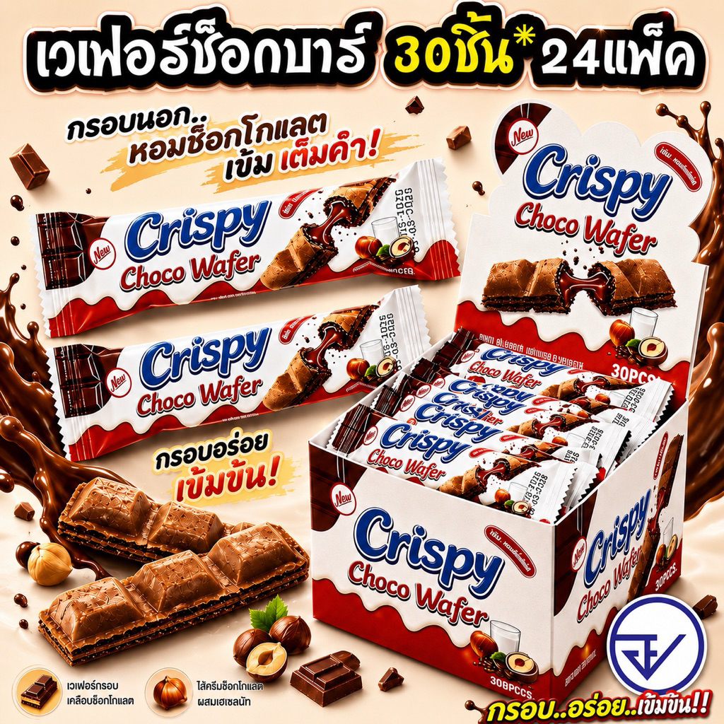 เวเฟอร์ช็อกบาร์30ชิ้น อย.ไทย คริสปี้ช็อกโก้วาเฟิล พร้อมส่ง