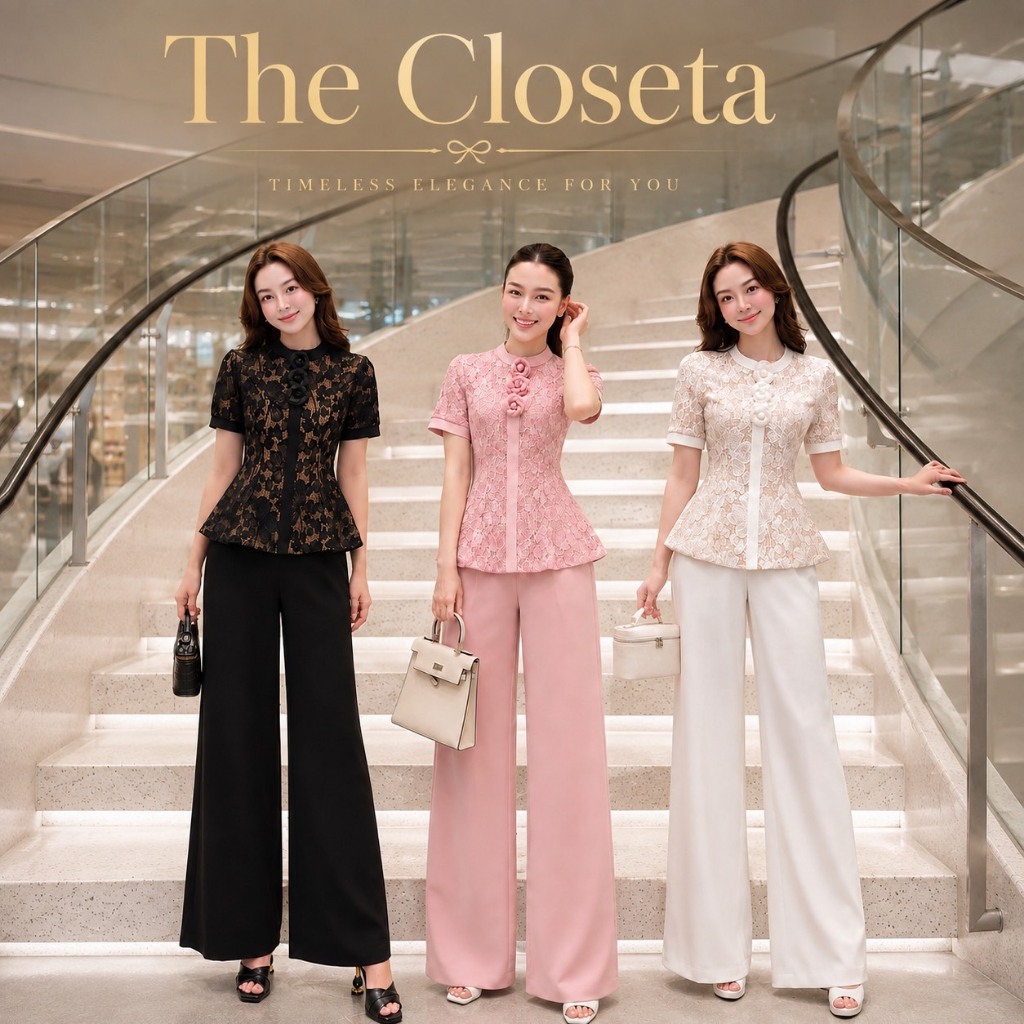 THE CLOSETA : LB658 ชุดเซ็ทเสื้อลูกไม้แขนสั้น พร้อมเข็มกลัดดอกไม้ กางเกงขายาวผ้าสูททรงขากระบอกกลาง