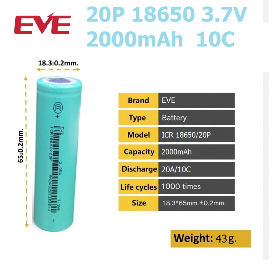 18650 EVE 20P 3.7V 2000mAh 10C ถ่านชาร์จกำลังสูง สำหรับงานโหลดหนักๆ แพคสว่านไฟฟ้า