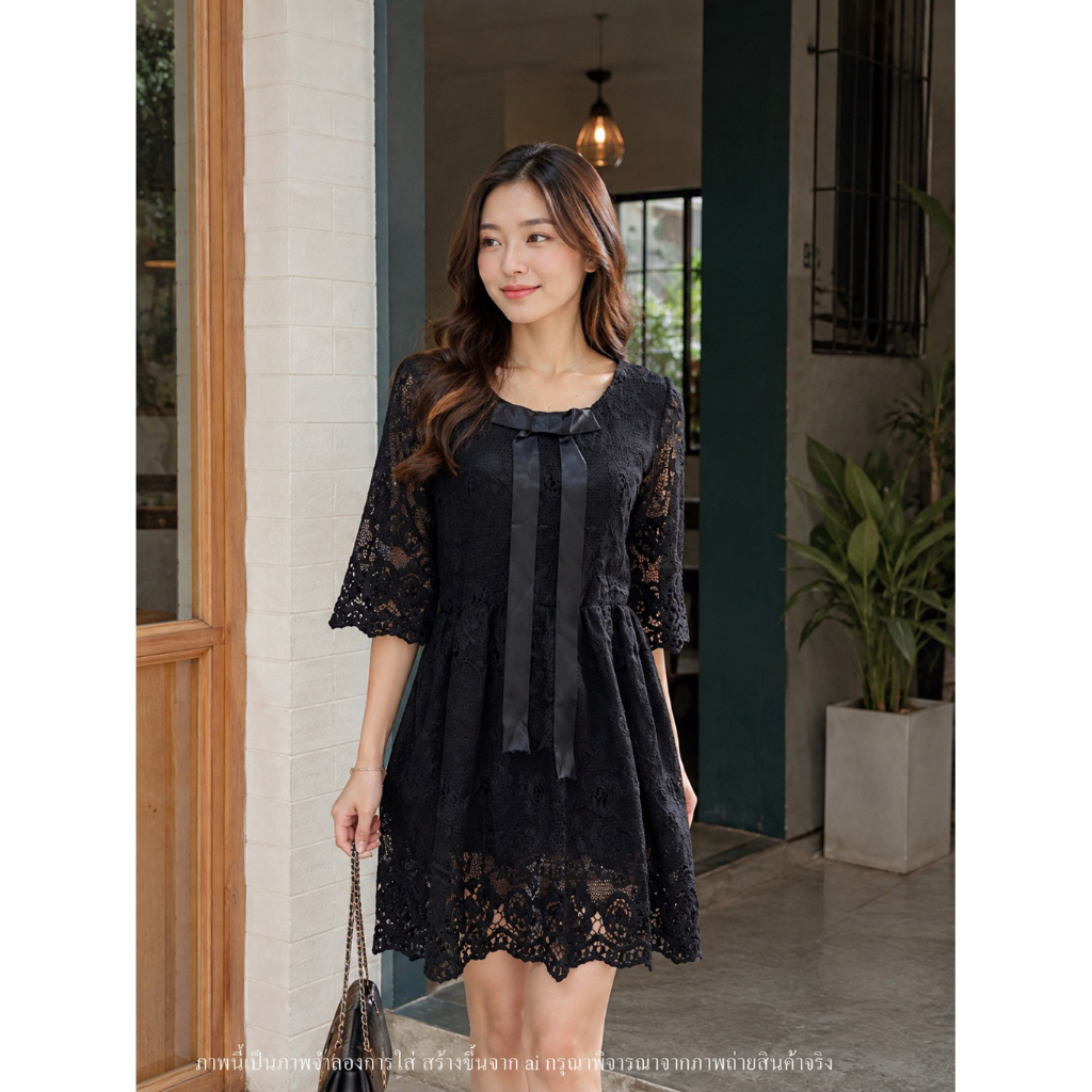 Bl3612 Celestine อก 32-36 ใส่ได้ เดรสลูกไม้ดีไซน์โบว์ผ้าซาตินช่วงอก เพิ่มความหวานแบบเรียบหรู